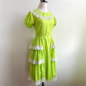 Vintage 50s Rockabilly Square Dance Dress | Slime Green Ruffle Tiered Skirt | S
